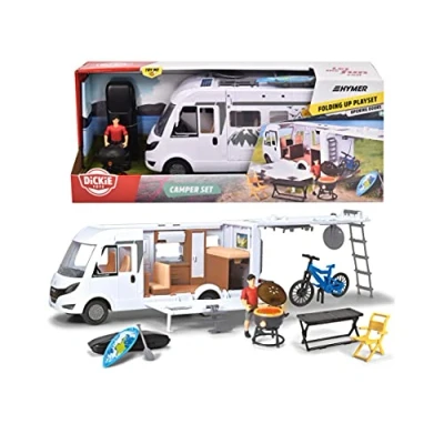 Image of Dickie Toys 203837021 Spielzeug Wohnmobil (30 cm) aufklappbarer Camping Wagen (weiß) mit viel Zubehör, für Kinder ab 3 Jahren Other License Fire brigade Camper Set, Try Me, White, standard size
