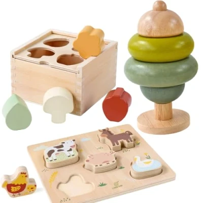 Image of Little Log Wooden Educational Toy Set 3 in 1 Shape Sorter Cube, Stacking Toys, Animal Toddler Puzzles, Montessori Toys Learning Gifts for Baby Year Old and Up