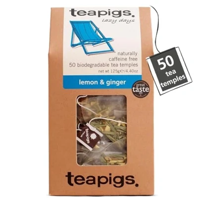 Image of teapigs Lemon Ginger Herbal Tea Bags Eco Friendly Blend with Citrus, Lemongrass &amp; Liquorice Bold Natural Flavour 50 Biodegradable Temples (1 Pack)