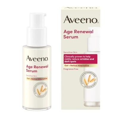 Image of AVEENO Face Age Renewal Serum (1 x 30ml), Oat + Retinol Alternative, Gentle on Sensitive Skin, Visibly Improve Wrinkles, Dark Spots, and Firmness, Fragrance Free