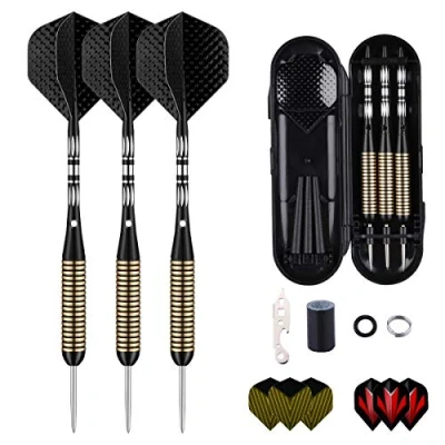 Image of sanfeng Professional 3 Pack 27 Grams Steel Tip Darts Set With Brass Barrel, Black Aluminum Shafts 9pcs Standard Flights + 50pcs Rubber O Rings 12pcs Spring 1pcs Dart Sharpener Tool