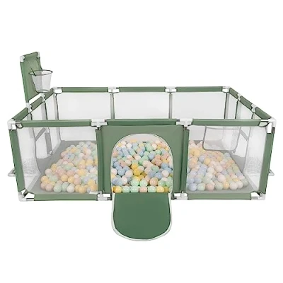 Image of Selonis Baby Playpen Big Size Playground with 200 Balls for Kids, Green:Pastel Beige/Pastel Blue/Pastel Yellow/Mint