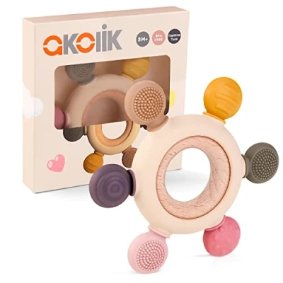 Image of akolik Teething Toys for Baby, Baby teether, Silicone Babies 0 6 12 Months, BPA Free with Wooden Ring Chewable Teether