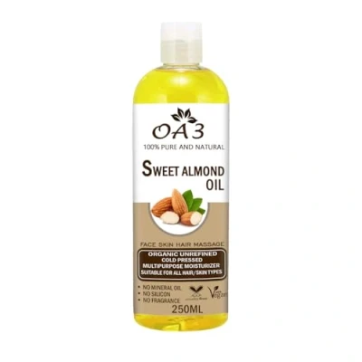 Image of OA3 Organic Sweet Almond Oil 250ml 100% Pure, Cold Pressed &amp; Unrefined for Face, Body Hair Vegan Cruelty Free