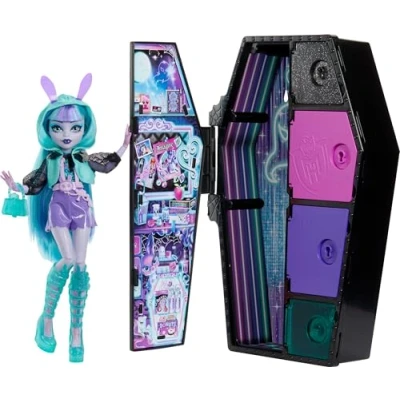 Image of Monster High Doll and Fashion Set, Twyla Doll, Skulltimate Secrets: Neon Frights, Dress Up Locker with 19+ Surprises, HNF82