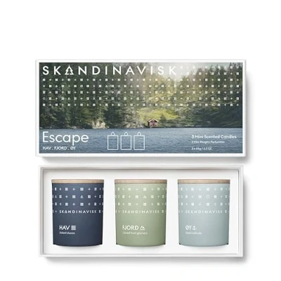 Image of Skandinavisk Escape Giftset of 3 Mini Scented Candles. Fjord, ØY &#039;Island&#039; and HAV ‘Sea’ Vegan Formula. x 65g.