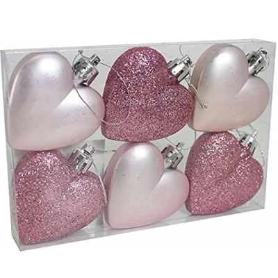 Image of 6 Blush Dusty Pink Heart Shaped Bauble Hearts Christmas Baby Ornament Hanging Tree Decorations Glitter Matt