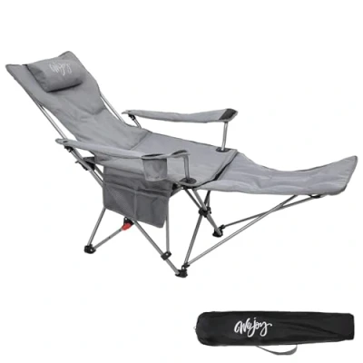 Image of #WEJOY Reclining Camping Chairs Adjustable Padded Folding Recliner Chair with Cupholder Detachable Footrest Pocket Lightweight Portable Camp Chair, Grey