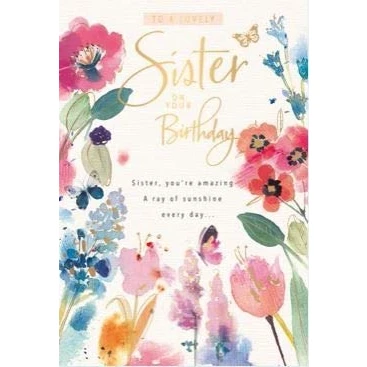 Image of Words &#039;n&#039; Wishes Female Birthday Card (WW G403) Lovely Sister Watercolour Flowers Gold Foil Finish