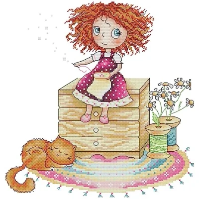 Image of Awesocrafts Cross Stitch Stamped Kits Embroidery Girl Easy Patterns Stitching Needlework Kit Supplies (Girl)