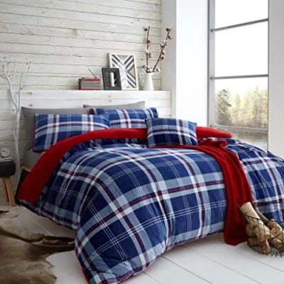 Image of GC GAVENO CAVAILIA Luxury Tartan Duvet Cover, Teddy Fleece Bedding Sets, Polyester Kingsize Quilt Covers Fluffy Bed Set Navy/Red