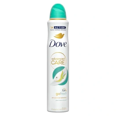 Image of Dove Advanced Care Go Fresh Pear &amp; Aloe Vera Scent Anti perspirant Deodorant Spray with Triple Moisturising technology aerosol for 72 hours of protection 200 ml