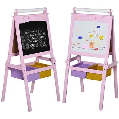 Image of HOMCOM Kids Easel 3 in 1 Wooden Art with Paper Roll Double Sided Chalkboard &amp; Whiteboard Storage Baskets for Toddler Girls, Pink