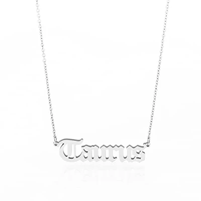 Image of Minegreet Old English Zodiac Necklace for Women, Horoscope Birth Star Sign Letter Astrology Constellation Birthday Gift (Taurus Silver)