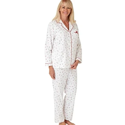 Image of Marlon Womens Blanche Printed Brushed Cotton Piped Revere Collar Pyjama, Nina Spice Red, 20 22