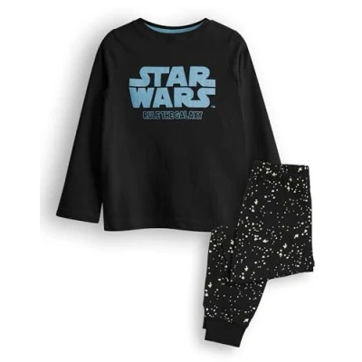 Image of Star Wars Boys Pyjama Set Kids Long Sleeve Top &amp; Leg Graphic PJs in Black Classic Logo Rule the Galaxy All Over Print Pint Bottoms Sci fi Movie Film Merchandise Gift