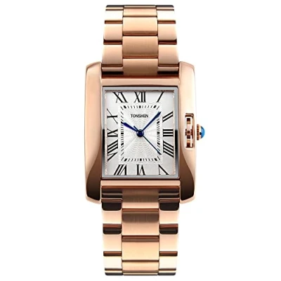 Image of TONSHEN Womens Fashion Analog Quartz Watch Rectangular Stainless Steel Case with Band Dress Wristwatches (Gold)