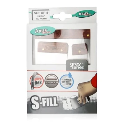 Image of Axus Decor S Fill Compact Filler Applicators (Grey Series) Stainless Steel Flexible Putty Knife Set for Professional &amp; DIY Projects, Extra Thin Blade Rosewood Handle 25mm, 50mm, 80mm, 100mm