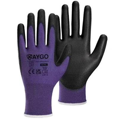Image of KAYGO Work Gloves PU Coated 12 Pairs, KG11PP, Safety Working with Secure Grip on Palm &amp; Fingers, for Men and Women, Ideal General Purpose Light Duty Work, Gardening (X Large, Purple)