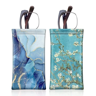 Image of Fintie [2 Pack] Eyeglasses Pouch with Cleaning Cloth, Portable Squeeze Top Leather Glasses Case Sunglasses Bag, Z Ocean Marble + Blossom, Medium