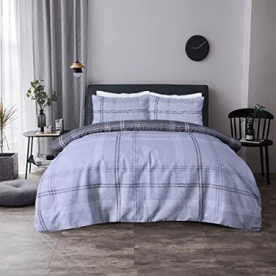 Image of Sleepdown Waffle Grey Check Reversible Duvet Cover Quilt Pillow Cases Bedding Set Soft Easy Care Double (200cm x 200cm,5056242893288