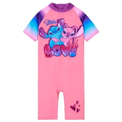 Image of Disney Girls One Piece Swimming Costume, Full Kids Swimsuit Gifts (Pink Stitch/Angel, 11 12 Years)