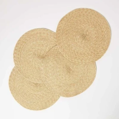 Image of HOMESCAPES Set of 4 Handwoven Gold Placemats with Braided Pattern and Non Slip Back 40 cm Round Table Mats for Indoor &amp; Outdoor Use