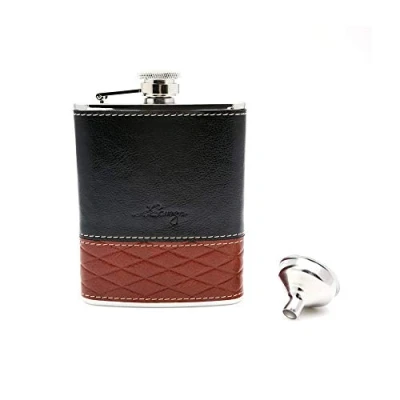Image of iSavage 6oz Black and Brown Red Leather Wrapped Hip Flask with a Funnel 18/8 Stainless Steel YM112