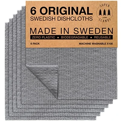 Image of SUPERSCANDI Made in Sweden Dish Cloths Eco Friendly Paper Alternative Grey 6 Pack Reusable Compostable Kitchen &amp; Rags