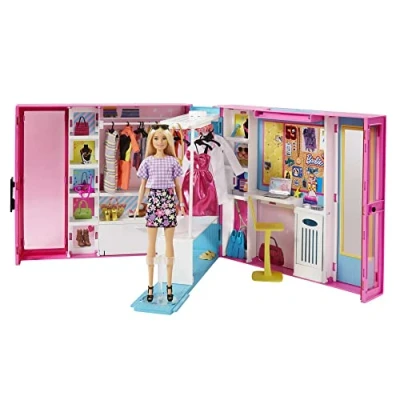 Image of Barbie Dream Closet &amp; Blonde Doll Expanding with Rotating Clothes Rack Includes 25+ Pieces 4 Outfits 2&#039; Wide Gift for Kids 3+
