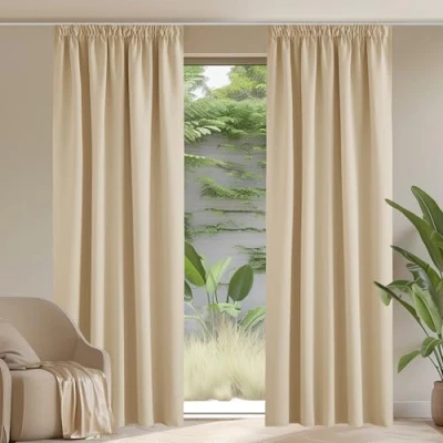 Image of PONY DANCE 90x90 Pencil Pleat Curtains Thermal Insulated Draperies for Kid&#039;s Bedroom Room Darkening &amp; Noise Reducing Drapes Divider Living Room, 2 Panels, Biscotti Beige