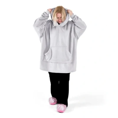 Image of Bravich Oversized Fleece Hoodie Blanket Silver. Fluffy Hooded With Super Soft Sherpa Lining For Adults, Men &amp; Women. Wearable Throw, Warm, One Size Fits All.
