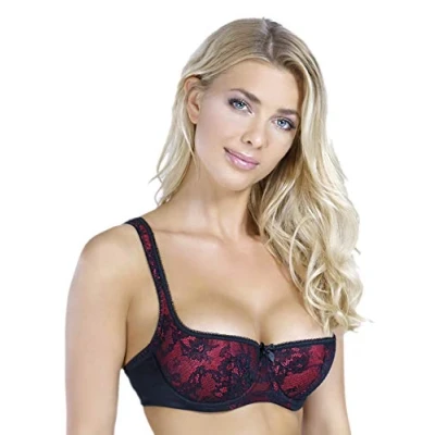 Image of Rosme Lingerie Women&#039;s Balconette Bra with Padded Straps, Collection Eliza, Black/Red, Size 32DD