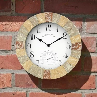 Image of Homezone Large Black Garden Clock with thermometer and barometer Battery Power Operated Quartz Waterproof Weatherproof Indoor or Outdoor Weather Station for Patio