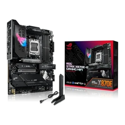 Image of ASUS ROG Strix X870E E Gaming WiFi, AMD ATX motherboard, 18+2+2 power stages, DDR5 slots, five M.2 PCIe 5.0 with full support for next gen GPUs, WiFi 7, USB 20G w/PD 3.0 up to 30W
