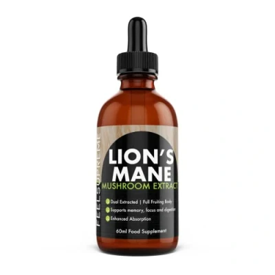Image of Feel Supreme Lions Mane Supplement High Strength Mushroom Extract Liquid Drops, 10:1, Whole Fruiting Body Supplements, Supplement, Drops 60ml