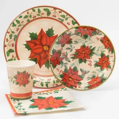 Image of Christmas Traditional Partyware Set Plates Cups Napkins Party Items