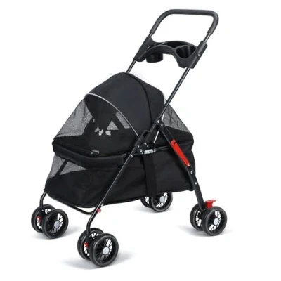 Image of Smbcgdm Cat Stroller 4 Wheels Dog Stroller, with Cup Holder, Outdoor Travel Pet Folding Cage Breathable and Visible Mesh for Medium Small Wheelchair 1 Set