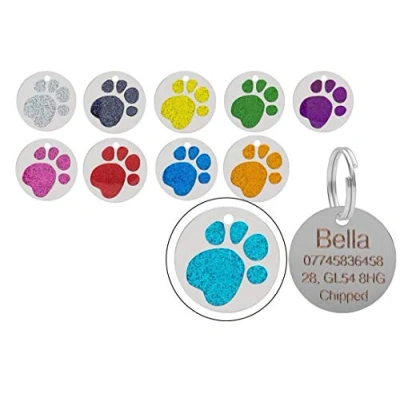 Image of JK Personalised Engraved Round Glitter Paw Print Dog/Cat Pet ID Tag Small/Large (25mm Standard, Turquoise)