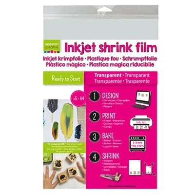 Image of Vaessen Creative 1611 002 Printable Shrink Plastic for Inkjet Printers, Transparent, 5 Sheets, 21 x 30 cm, Directly Print Custom Designs Fun Shrinky Arts and Crafts Projects