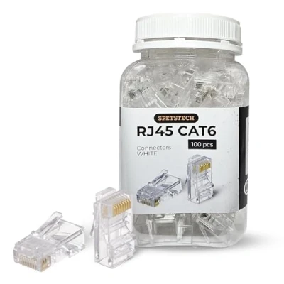 Image of Spetstech RJ45 Connectors 100 Pack Cat 6 PASS Through (Cat Ends / Cat6 Plugs Modular Plugs/Ethernet Connectors) for Solid or Stranded UTP Ethernet Cables (100, White)