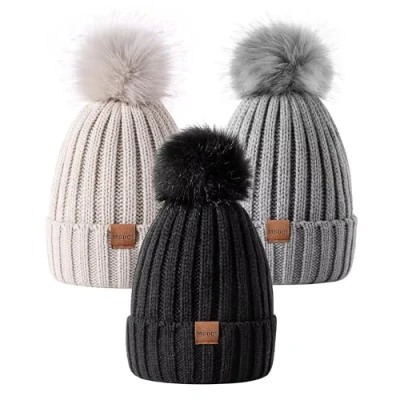 Image of MSDC Beanie Hats for Women 3 Pack with Pom Pom, Bobble Hat Fashion Knit Warm Skull Cap, Winter Cold Weather(Black+Oatmeal+Gray)