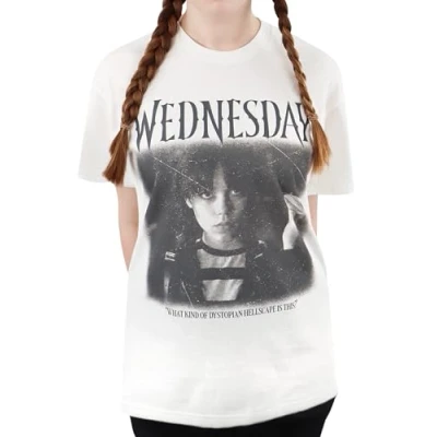 Image of Wednesday Tshirt Addams Family Tops for Teen Girls Gothic Clothes Women Short Sleeve Womens White Small