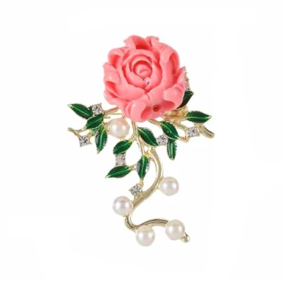 Image of Crystal Peony Flower Brooch Pearl Enamel Lapel Pin Cloisonne Rhinestone Faux Corsage Suit Skirt Coat Badge Accessories for Women (Green)