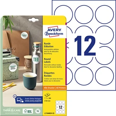 Image of Avery Zweckform L7104REV 25 Pack of 300 Labels, Circular, Removable, Diameter 60 mm, 25x A4 Sheets White