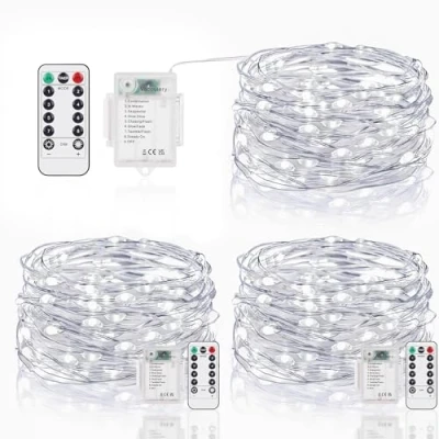 Image of Vacoulery LED String Lights Battery Operated, 5M 50 LEDs Copper Wire Fairy with Remote Control, 8 Modes Waterproof Dimmable for Bedroom, Party, Tree Decoration (3 Packs, Cold White)