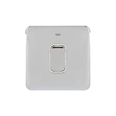 Image of Schneider Electric Lisse Screwless Deco Single High Current Light Switch with Neon Indicator, Double Pole, 50A, GGBL4011WPC, Polished Chrome White Insert