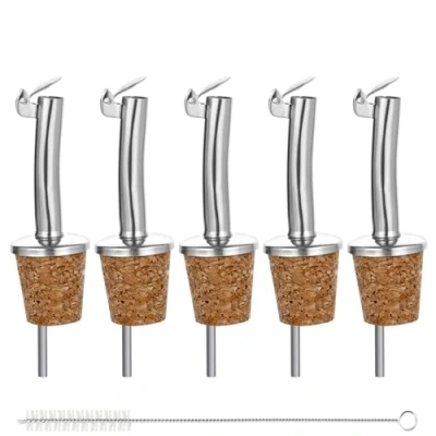 Image of Incutex 5x Bottle Pourers and 1x Cleaning Brush, Cork Pourer with Stainless Steel Lid, Drizzler, Oil Stopper, Spouts, Spirits Wine Liqueur Vinegar