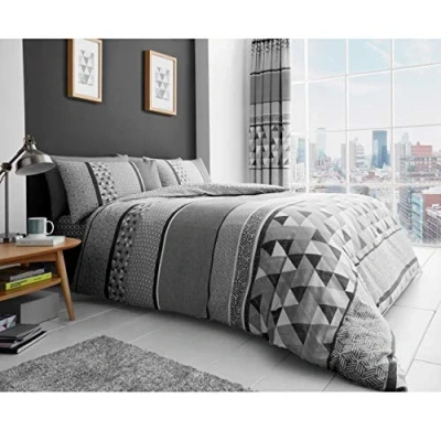 Image of Geometric Duvet Cover Double, Easy Care Reversible Quilt Cover, Triangle Bedding Set, Grey