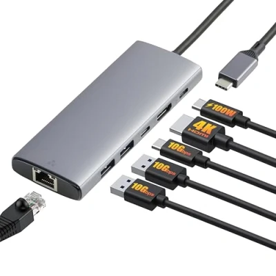 Image of Amazon Basics 6 in 1 3.2 (10G) Hub, USB C 100W PD Input, 2 A, HDMI 4K, Ethernet, Light Grey, 11.94 x 4.6 1.5cm